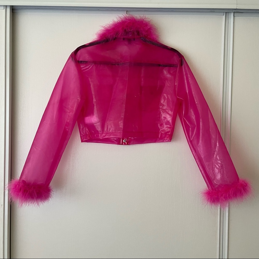 Dolls Kill Hot Pink Faux Fur Trim PVC Crop Jacket - Picture 4 of 9